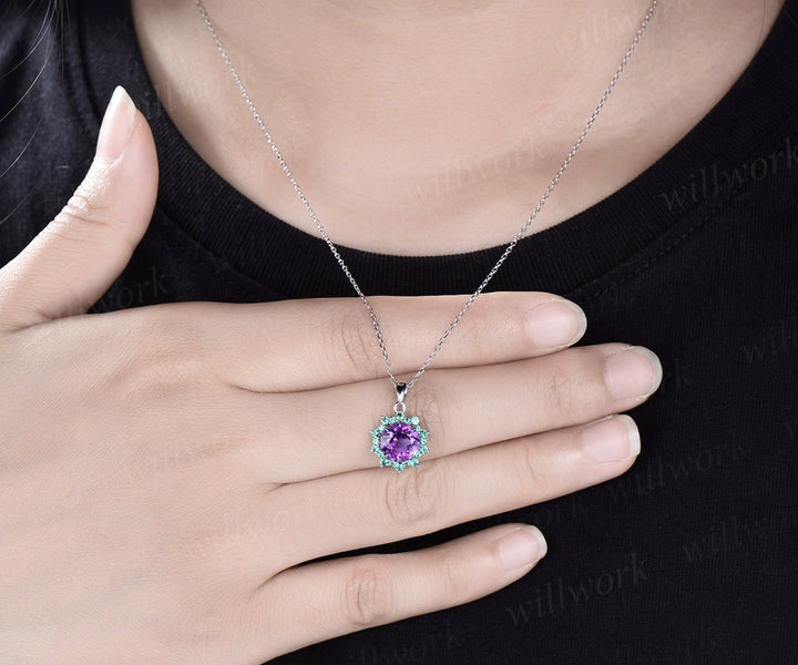 Vintage round purple amethyst necklace 8 prong snowdrift halo emerald pendant for women solid 14k white gold February birthstone gift her