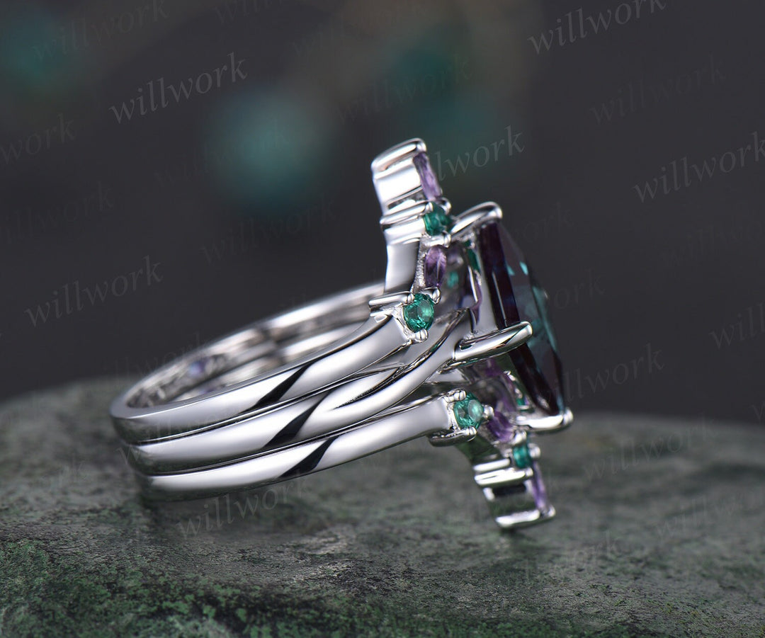 Unique princess Alexandrite engagement ring solid 14k white gold marquise amethyst emerald twisted promise wedding ring set women jewelry