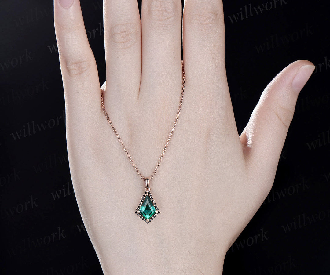 Unique kite cut green emerald necklace solid 14k 18k rose gold halo black diamond pendant for women May birthstone mother anniversary gift