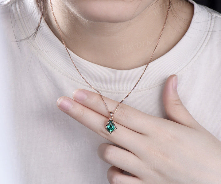Unique kite cut green emerald necklace solid 14k 18k rose gold halo black diamond pendant for women May birthstone mother anniversary gift