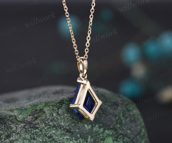 Kite blue sapphire necklace solid 14k 18k yellow gold vintage unique Personalized pendant women her gemstone anniversary bridal gift mother