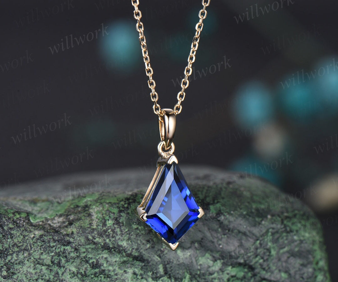 Kite blue sapphire necklace solid 14k 18k yellow gold vintage unique Personalized pendant women her gemstone anniversary bridal gift mother