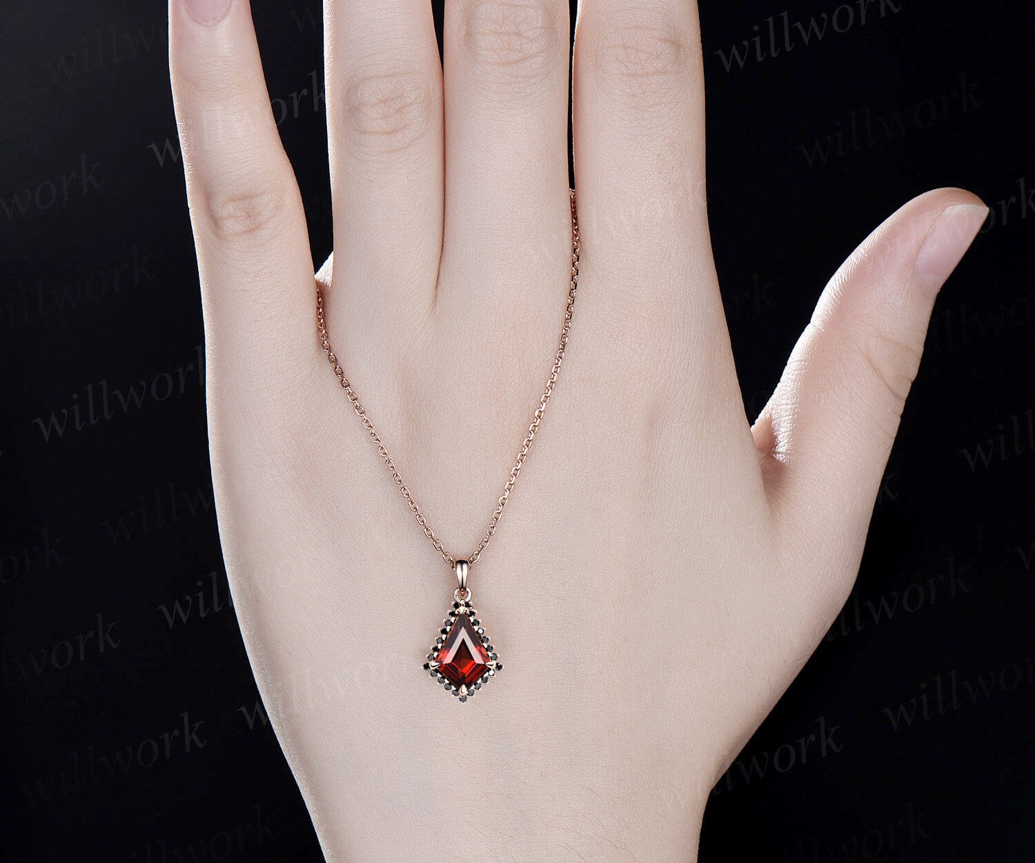 Unique kite cut red garnet necklace solid 14k rose gold halo