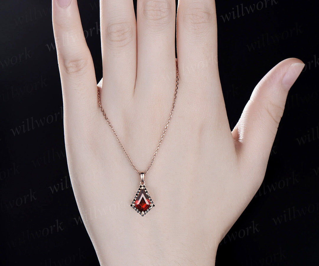 Unique kite cut red garnet necklace solid 14k rose gold halo black diamond pendant for women January birthstone mother anniversary gift