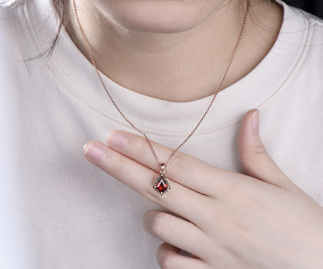 Unique kite cut red garnet necklace solid 14k rose gold halo black diamond pendant for women January birthstone mother anniversary gift