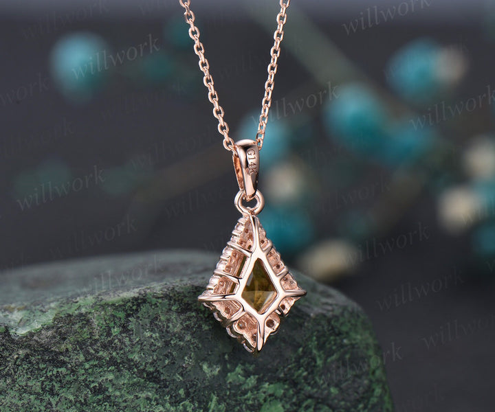 Kite cut yellow citrine necklace unique halo snowdrift moissanite necklace pendant rose gold women mother bridal promise anniversary gift