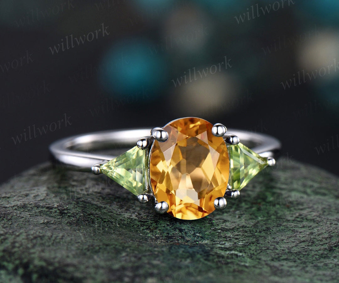 Oval yellow citrine ring three stone Trilliant peridot ring white gold unique engagement ring matching twisted bridal wedding ring set women