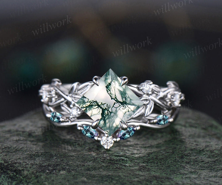 Princess cut green moss agate engagement ring 14k white gold five stone leaf branch Nature inspired alexandrite bridal ring set women gift