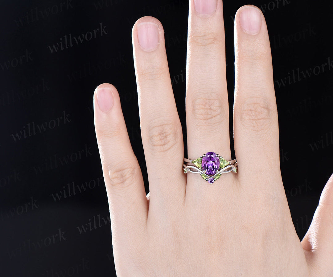 Oval purple amethyst ring three stone Trillion peridot ring white gold unique engagement ring matching twisted bridal wedding ring set women
