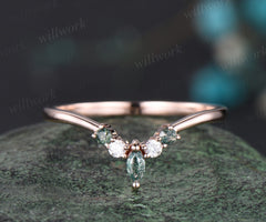 Curved moss agate wedding band solid 14k rose gold matching stacking moissanite wedding ring band women anniversary ring gift