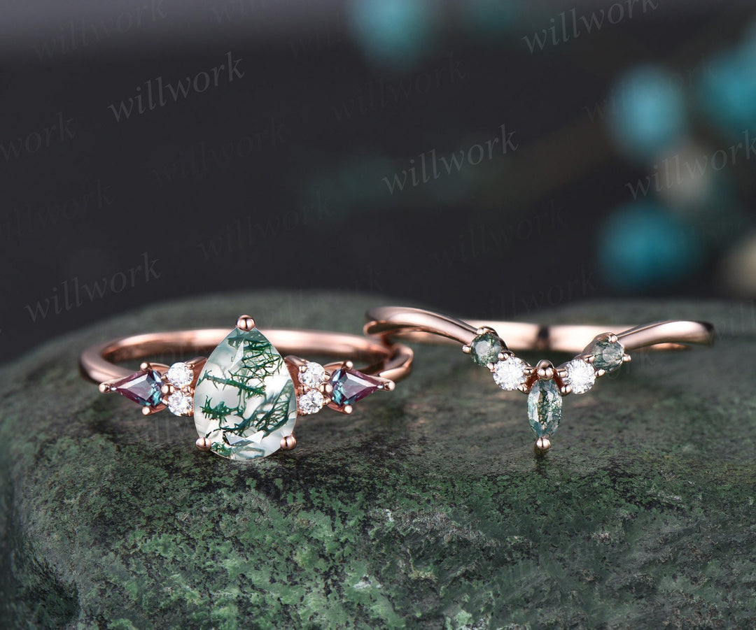 Pear green moss agate ring vintage kite alexandrite ring rose gold unique engagement ring stacking promise bridal wedding ring set women