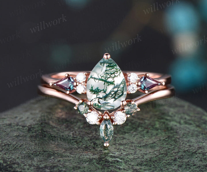 Pear green moss agate ring vintage kite alexandrite ring rose gold unique engagement ring stacking promise bridal wedding ring set women