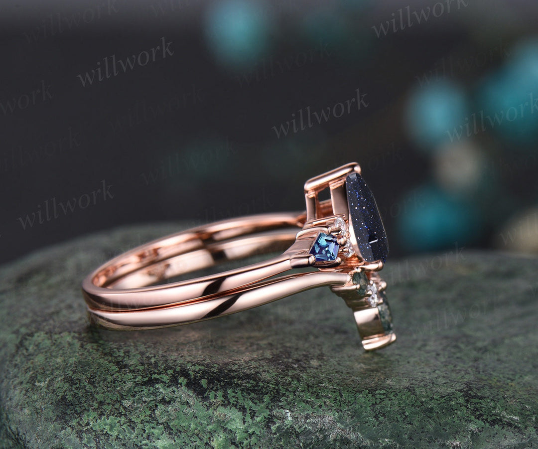 Pear blue sandstone ring vintage kite alexandrite ring 14k rose gold unique engagement ring stacking promise bridal wedding ring set women
