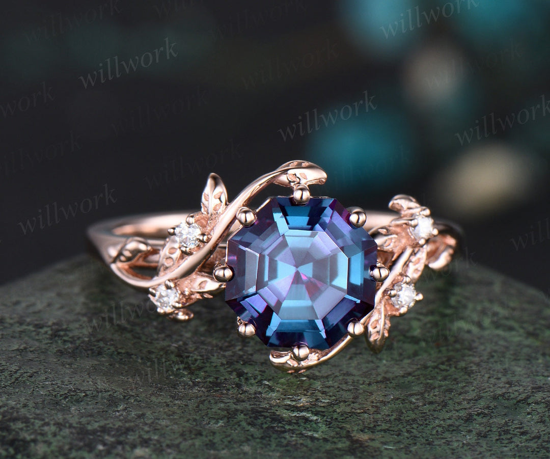 Octagon Alexandrite ring vintage five stone moonstone ring leaf nature inspired unique engagement ring rose gold antique wedding ring women