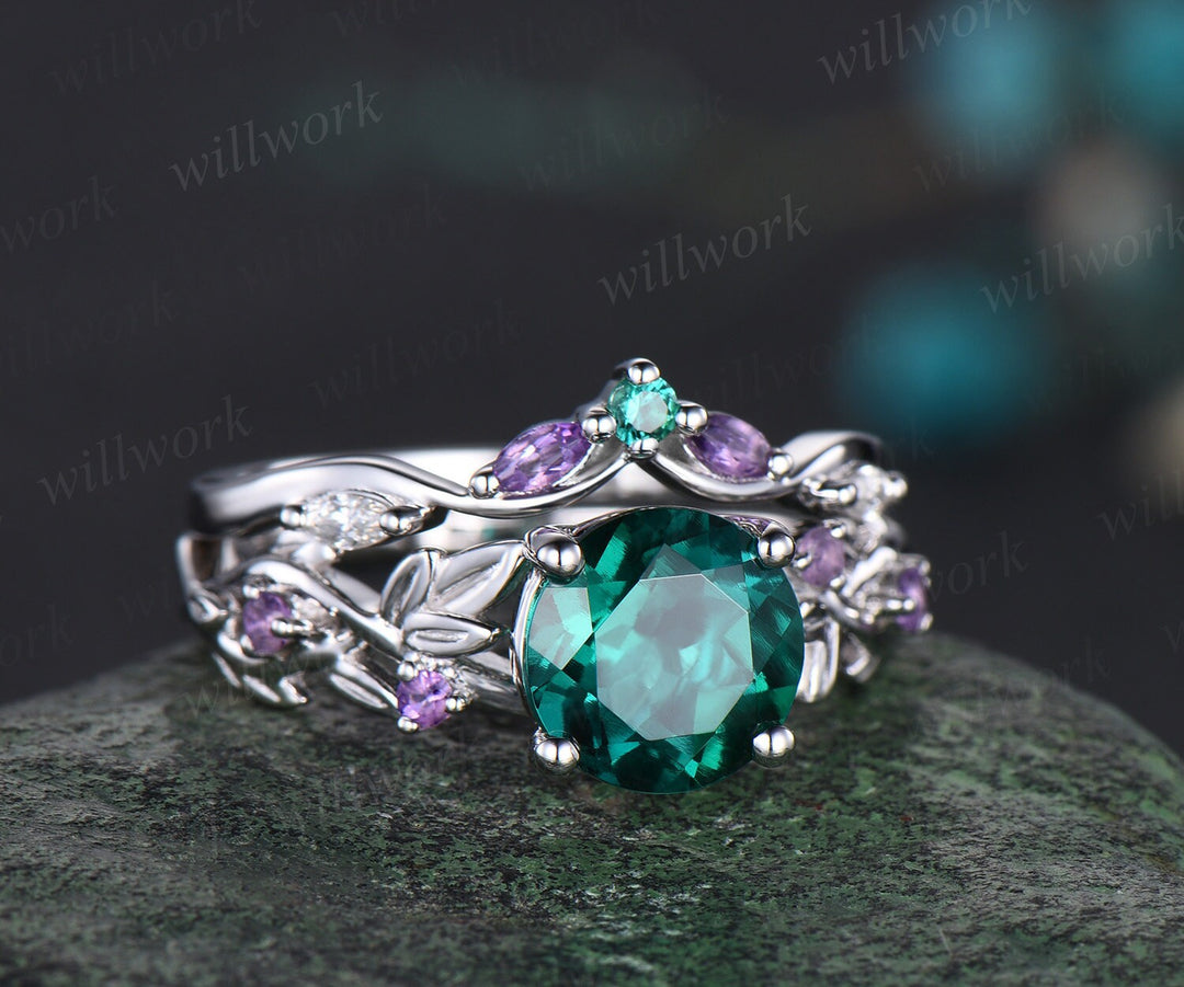 2ct Twig round green emerald engagement ring set 14k white gold five stone leaf branch Nature inspired amethyst wedding ring set for women
