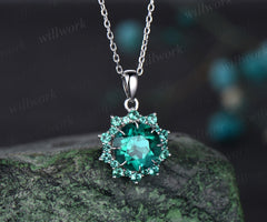 Round cut green emerald necklace white gold unique snowdrift halo emerald pendant women May birthstone jewelry gift for her