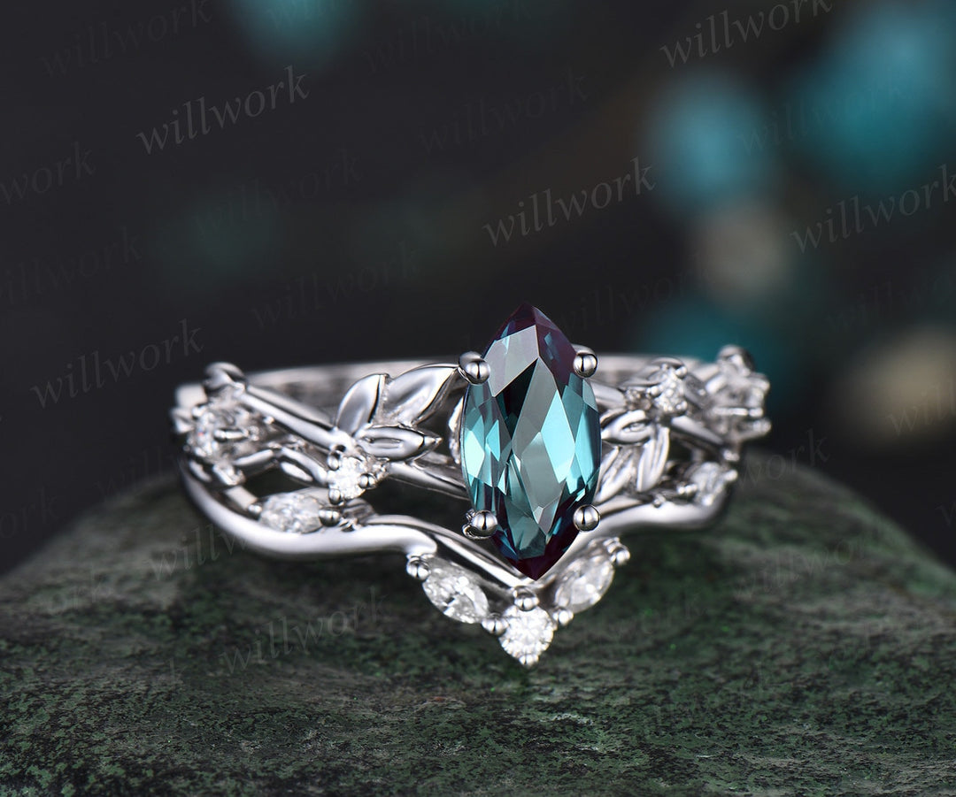 Vintage marquise cut alexandrite engagement ring women twig leaf Nature inspired white gold ring branch diamond bridal ring set gift