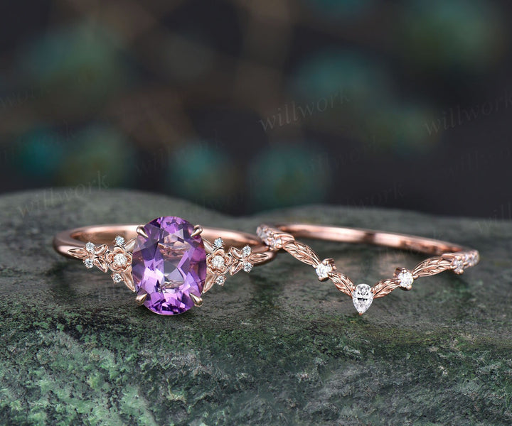 Vintage oval purple Amethyst engagement ring set 14k rose gold leaf floral nature inspired diamond ring unique promise wedding ring women