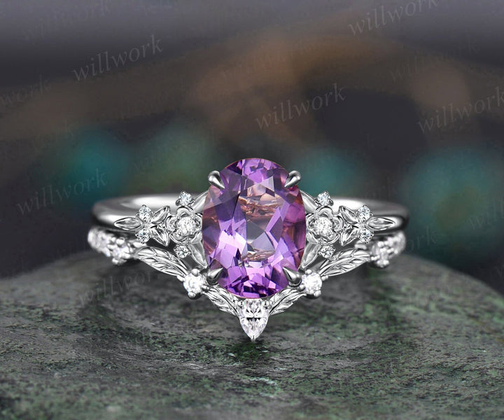 Vintage oval purple Amethyst engagement ring set 14k rose gold leaf floral nature inspired diamond ring unique promise wedding ring women