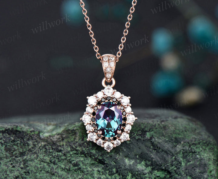 Oval cut alexandrite necklace halo black diamond pendant for women solid 14k rose gold antique fine jewelry promise anniversary gift