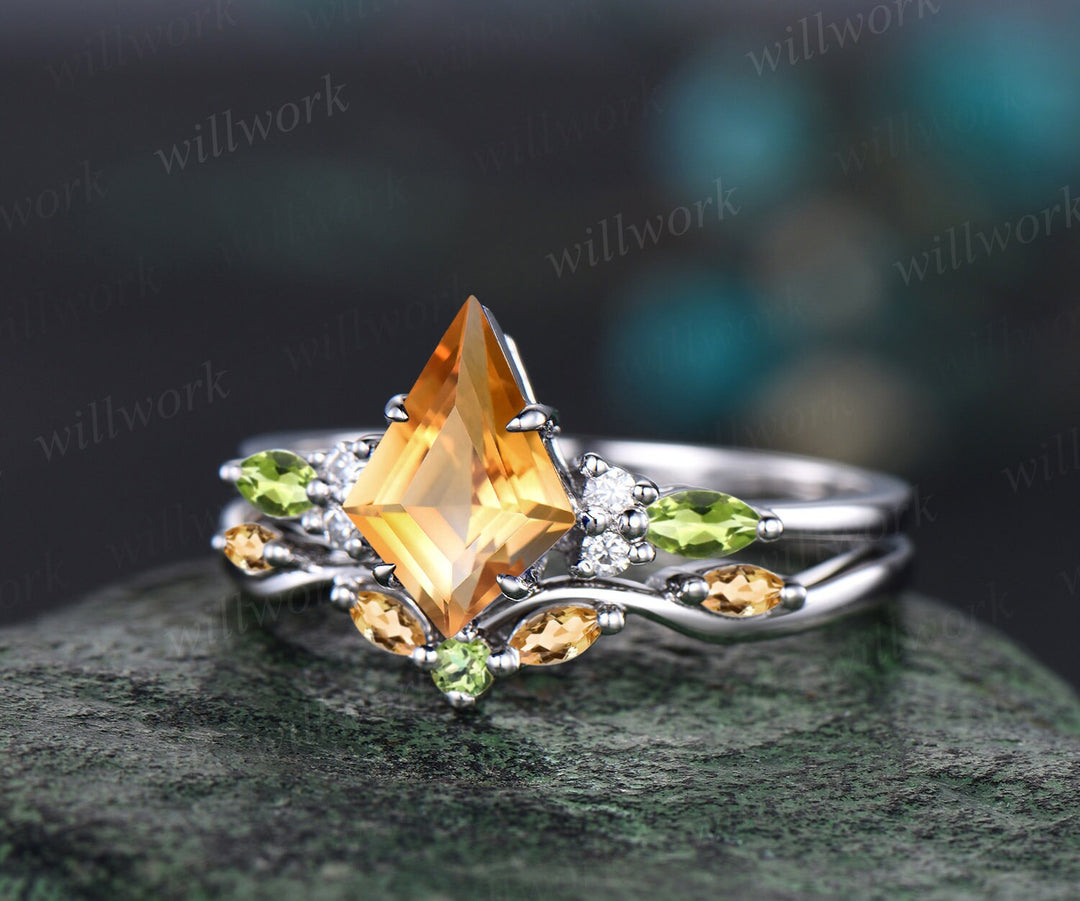 Vintage kite cut yellow citrine engagement ring solid 14k white gold peridot ring women gemstone crystal ring unique bridal set claw prong