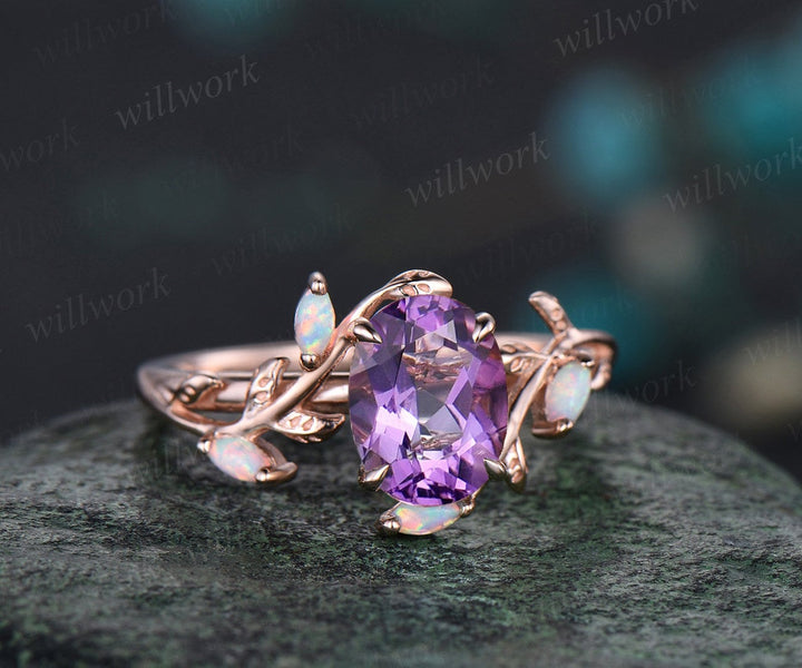Oval cut purple amethyst ring vintage five stone opal ring rose gold leaf nature inspired engagement ring twisted wedding ring set women