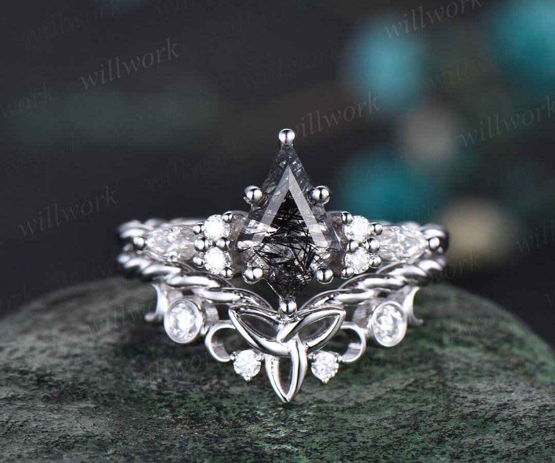 Vintage kite black rutilated quartz engagement ring solid 14k white gold Celtic knot Twisted diamond anniversary bridal ring set women