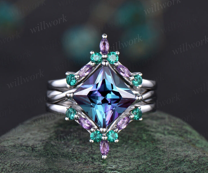 Unique princess Alexandrite engagement ring solid 14k white gold marquise amethyst emerald twisted promise wedding ring set women jewelry