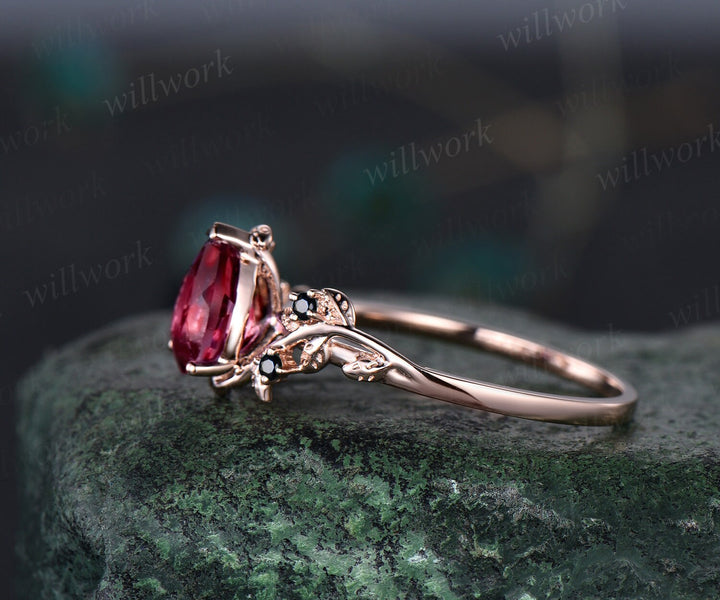 Pear cut red ruby ring vintage art deco five stone black spinel ring twig leaf unique engagement ring women rose gold anniversary ring gift