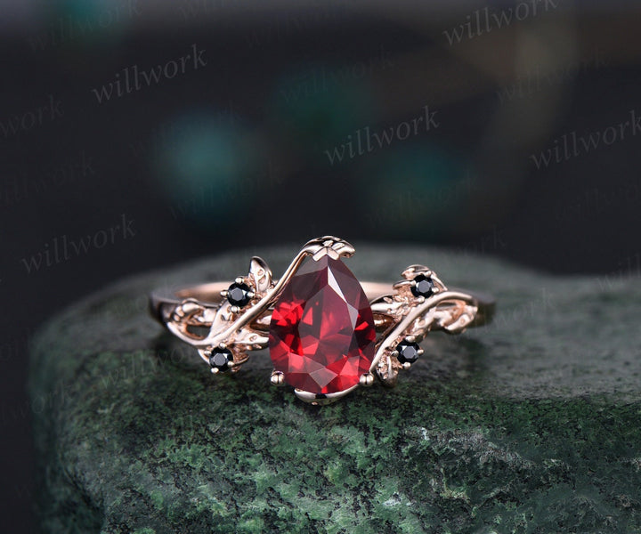 Pear cut red ruby ring vintage art deco five stone black spinel ring twig leaf unique engagement ring women rose gold anniversary ring gift