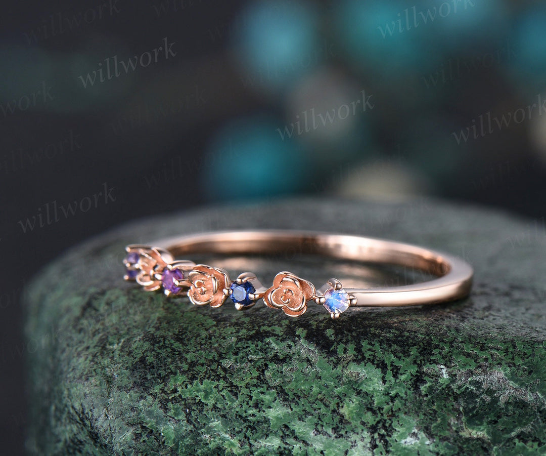Floral natural Tanzanite amethyst sapphire moonstone wedding band women solid 14k rose gold flower four stone anniversary ring band gift