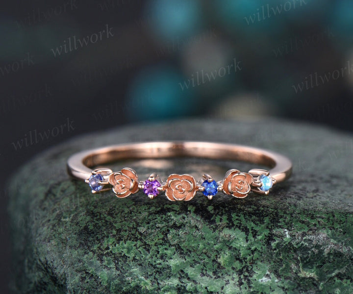 Floral natural Tanzanite amethyst sapphire moonstone wedding band women solid 14k rose gold flower four stone anniversary ring band gift
