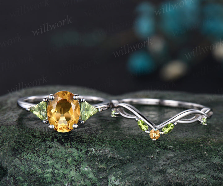 Oval yellow citrine ring three stone Trilliant peridot ring white gold unique engagement ring matching twisted bridal wedding ring set women