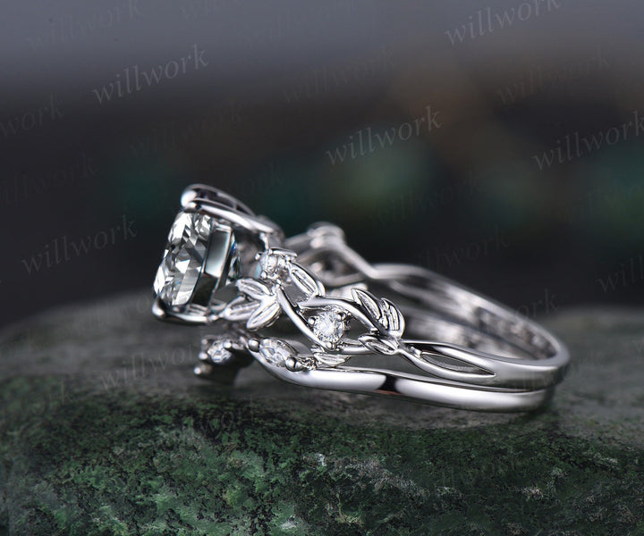 Princess cut moissanite engagement ring set 14k white gold five stone leaf branch Nature inspired ring diamond bridal ring set women gift