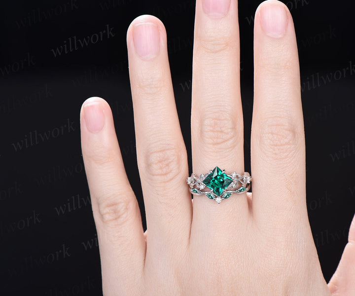 Princess cut green emerald engagement ring set 14k white gold five stone leaf branch Nature inspired ring diamond bridal ring set women gift