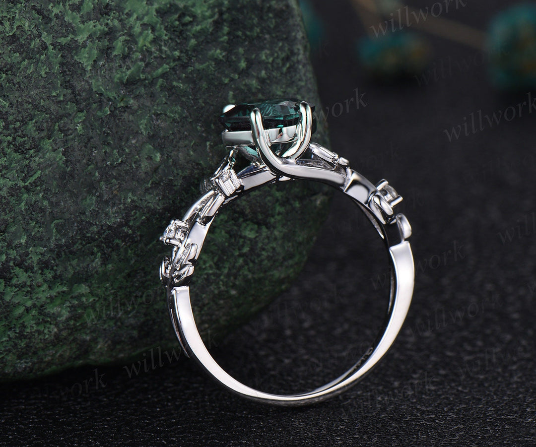 Princess cut green emerald engagement ring set 14k white gold five stone leaf branch Nature inspired ring diamond bridal ring set anniversary gift