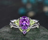 Oval purple amethyst ring three stone Trillion peridot ring white gold unique engagement ring matching twisted bridal wedding ring set women