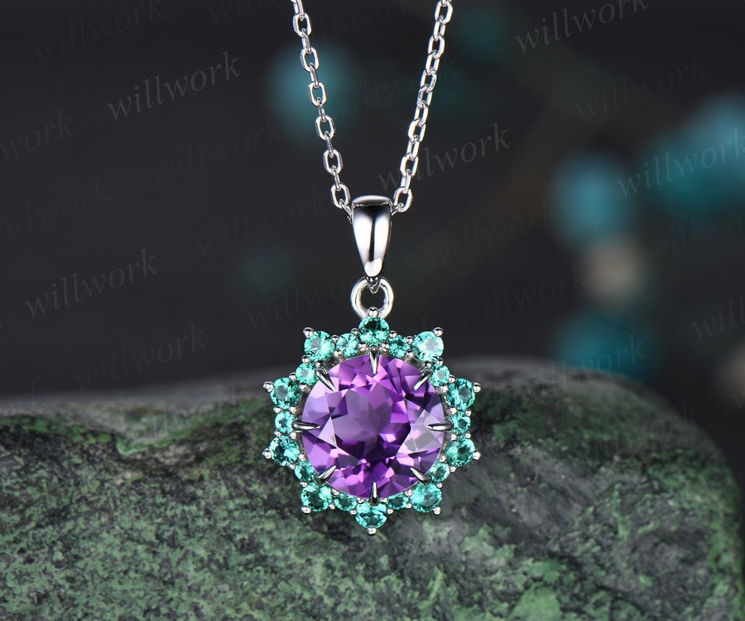 Vintage round purple amethyst necklace 8 prong snowdrift halo emerald pendant for women solid 14k white gold February birthstone gift her