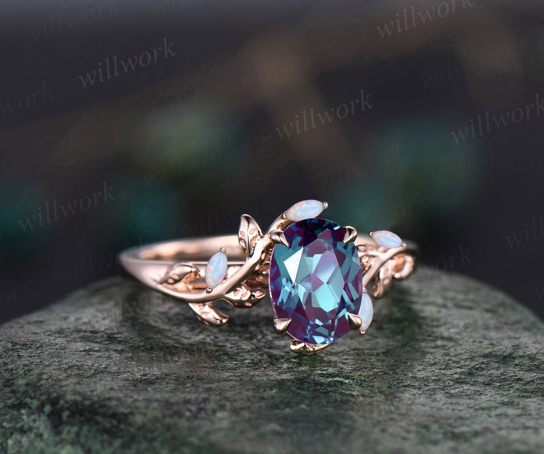 Oval Alexandrite ring vintage leaf marquise opal ring rose gold five stone unique nature inspired engagement ring twig wedding ring women