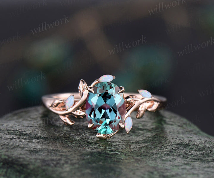 Oval Alexandrite ring vintage leaf marquise opal ring rose gold five stone unique nature inspired engagement ring twig wedding ring women