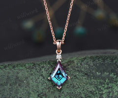 Unique kite cut alexandrite necklace 14k rose gold alexandrite diamond pendant women Personalized June birthstone anniversary bridal gift