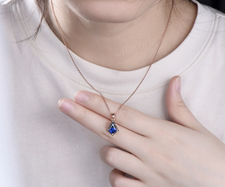 Unique kite cut blue sapphire necklace solid 14k 18k yellow gold halo black diamond pendant women gemstone mother promise anniversary gift