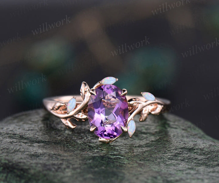 Oval cut purple amethyst ring vintage five stone opal ring rose gold leaf nature inspired engagement ring twisted wedding ring set women