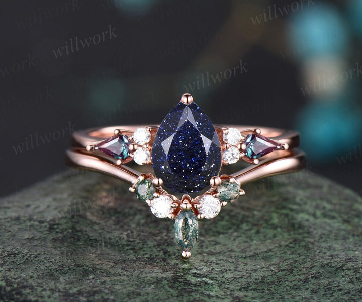 Pear blue sandstone ring vintage kite alexandrite ring 14k rose gold unique engagement ring stacking promise bridal wedding ring set women