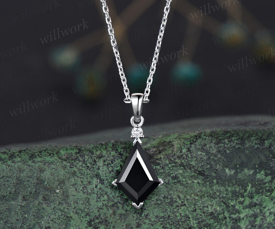 Unique kite cut black Onyx necklace 14k rose gold two stone diamond pendant women Personalized dainty promise anniversary bridal gift