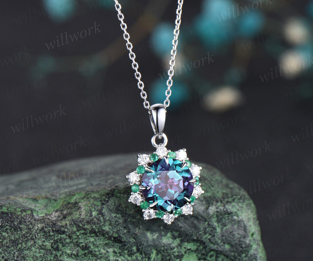 Vintage 2ct round cut alexandrite necklace white gold 8 prong halo natural emerald diamond pendant women June birthstone promise bridal gift