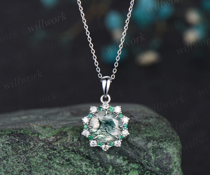 Vintage round cut green moss agate necklace white gold 8 prong halo natural emerald diamond moissanite pendant women promise bridal gift