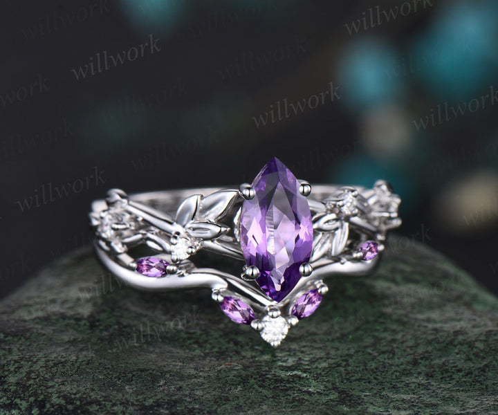 Vintage marquise cut purple amethyst engagement ring women twig leaf Nature inspired white gold ring branch diamond bridal ring set gift