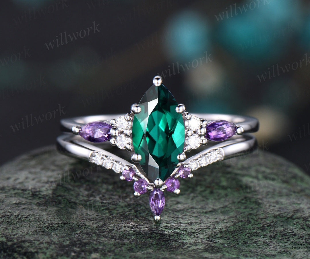 Vintage marquise cut green emerald engagement ring art deco white gold amethyst moissanite 6 prong crystal bridal wedding ring set women