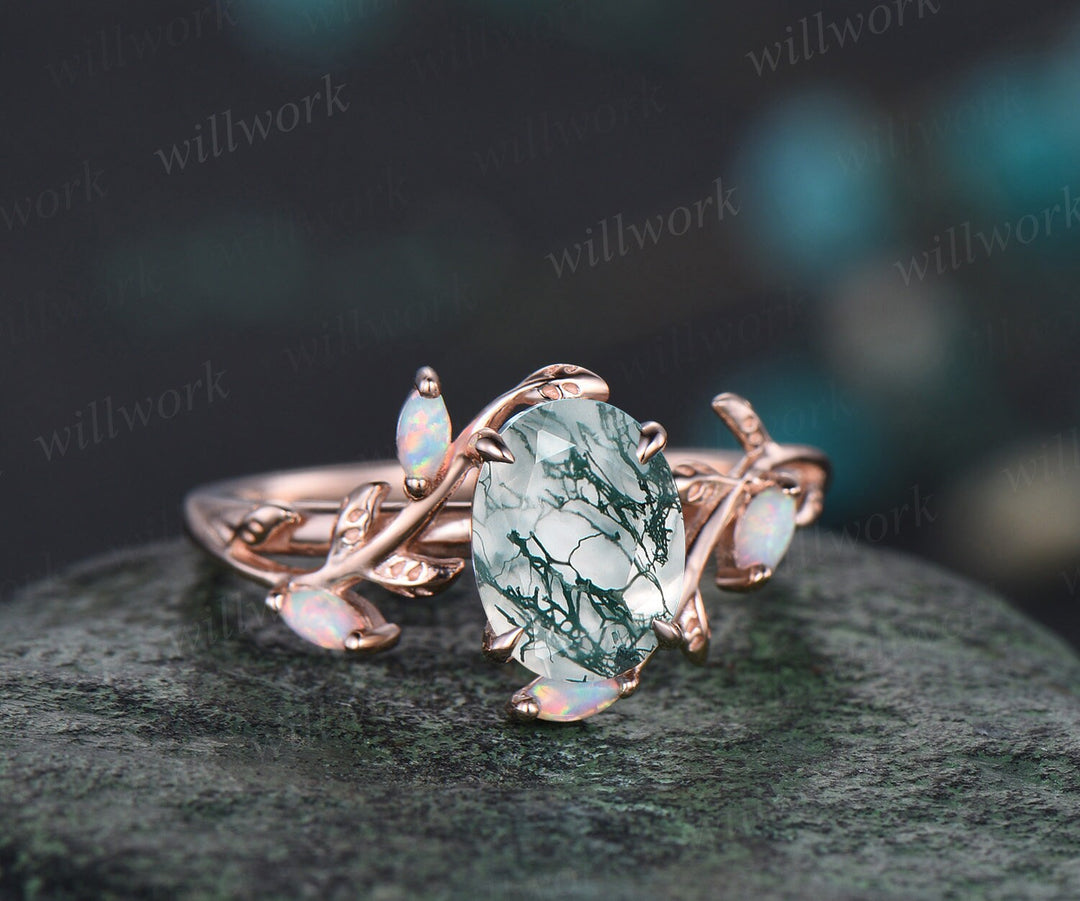 Oval cut moss agate ring vintage five stone opal ring rose gold leaf nature inspired engagement ring art deco twisted wedding ring set women
